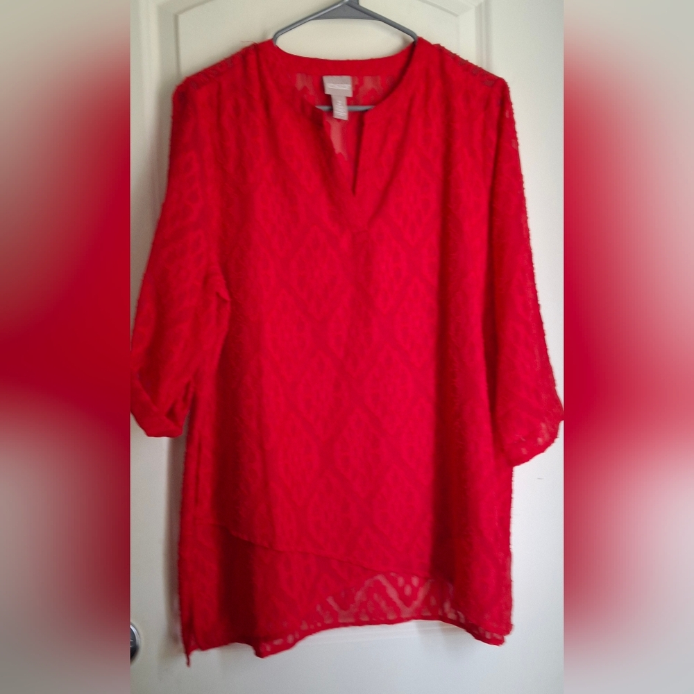 Chico's Red Boxy Tunic Blouse with 3/4 Sleeves Sz 2 Semisheer Boho Formal Party